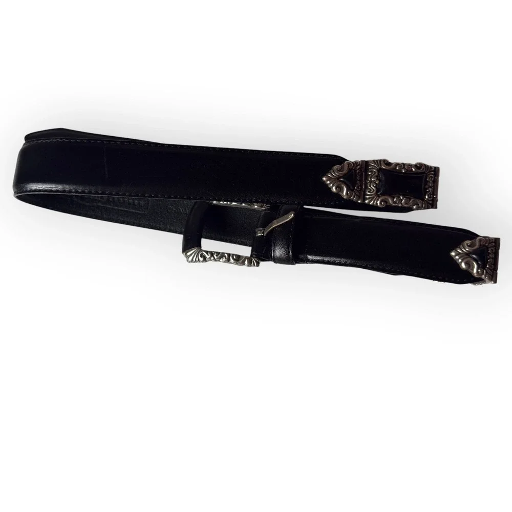 Vintage Fossil Black Leather Western Belt Ornate Silver Buckle Tip Keeper Y2K M